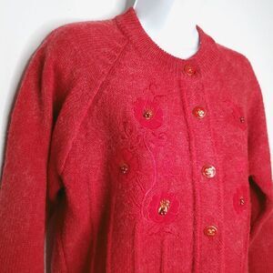 Vintage Red Floral Button Up Cardigan Sweater M Faux Pearls Embroidery Wool?